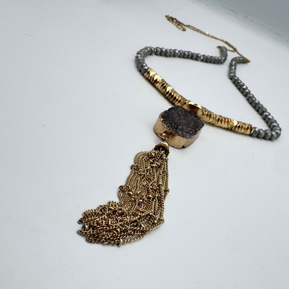 Druzy Tassel Necklace Gold Grey Beaded Statement Boho 34g 32 in